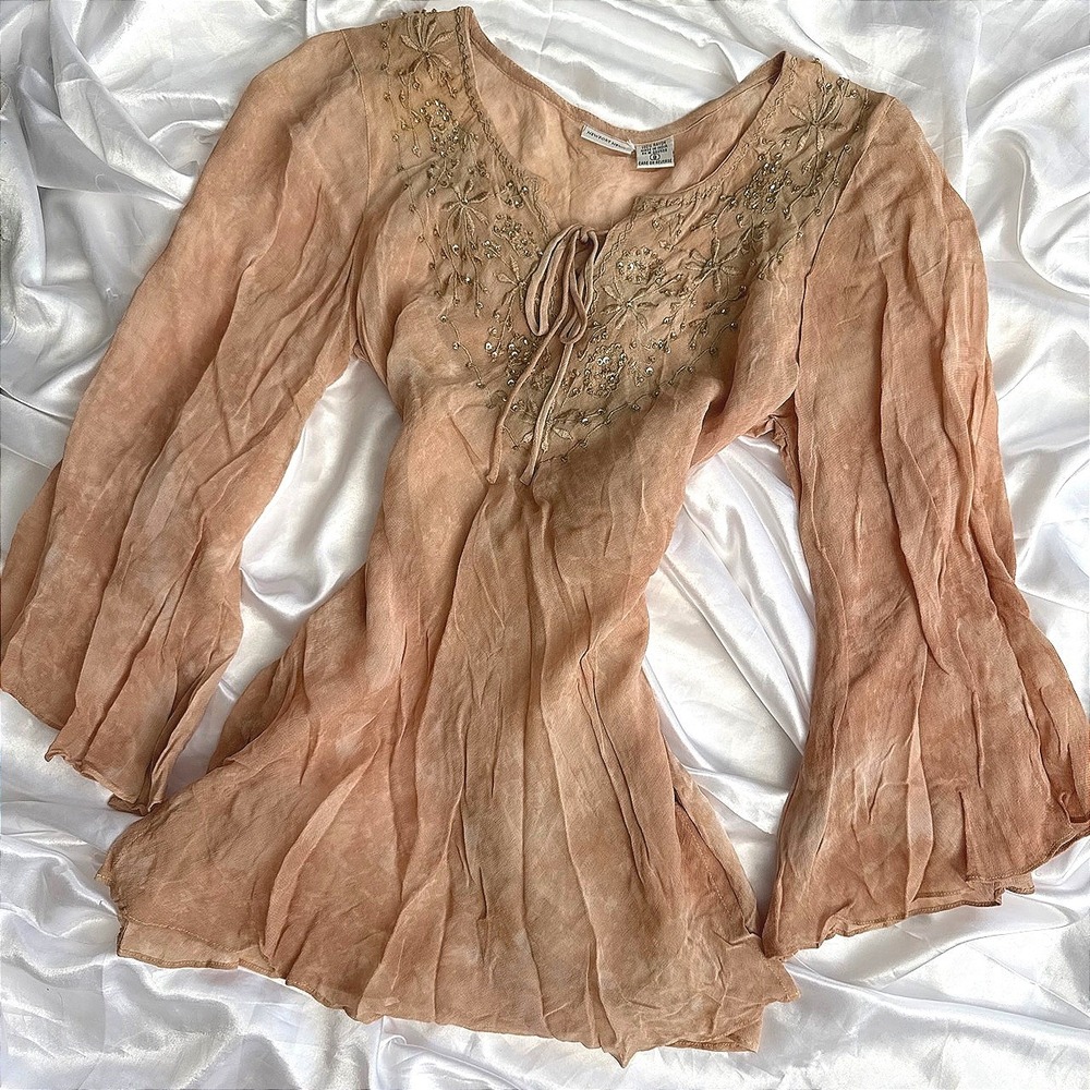 Newport News Boho Tie Dye Embroidered Sequin Bell Sleeve Peasant Blouse Peach 8